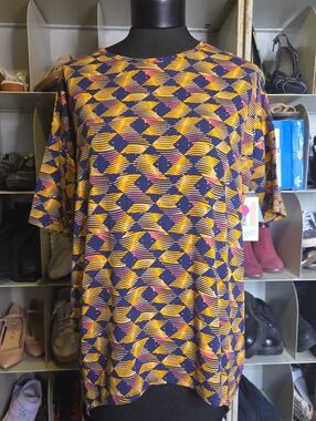 LuLaRoe Irma Top in Navy, Mustard & Pink Geometric Print